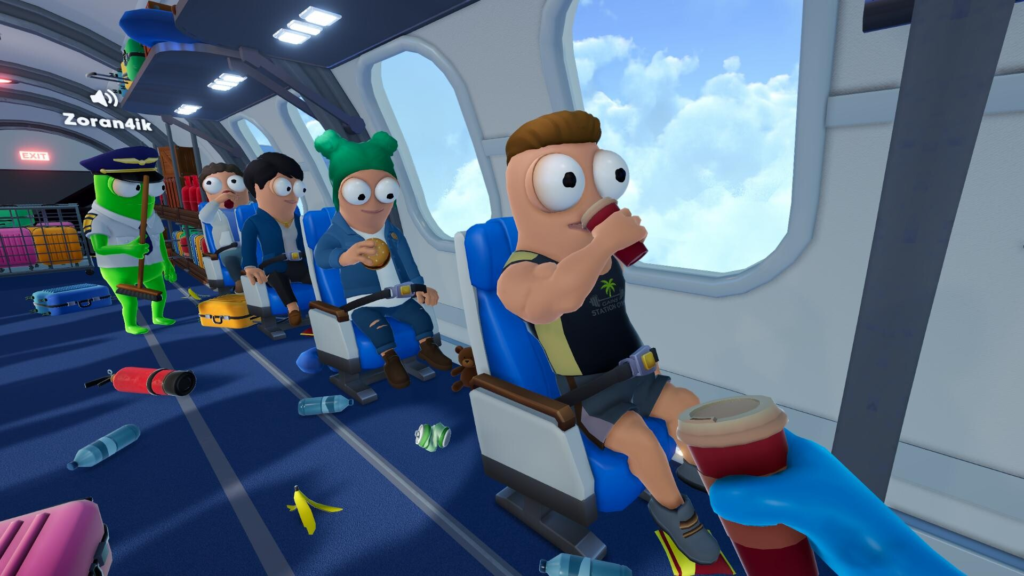 Cena do jogo Dear Passengers com passageiros na hora do lanche e um jogador fazendo limpeza da aeronave.